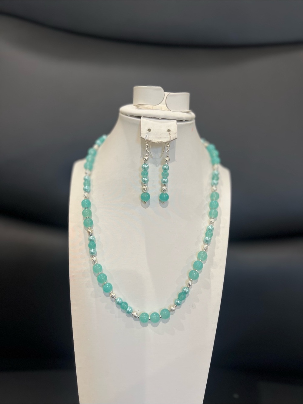 Artisan Beaded Necklace and Earrings Set - Teal Green Glass/stone